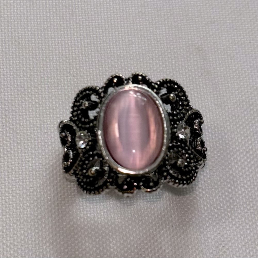 Silver Tone Stretch Ring With Pink Stone&2 Rhinestones Excellent Cond Women's OS